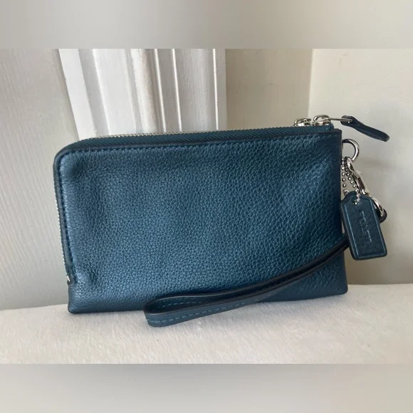 Coach Teal Blue Double Zip Leather Wristlet via - Picture 3 of 12